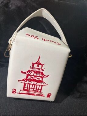 White Handheld Novelty Tote with Red Pagoda Print